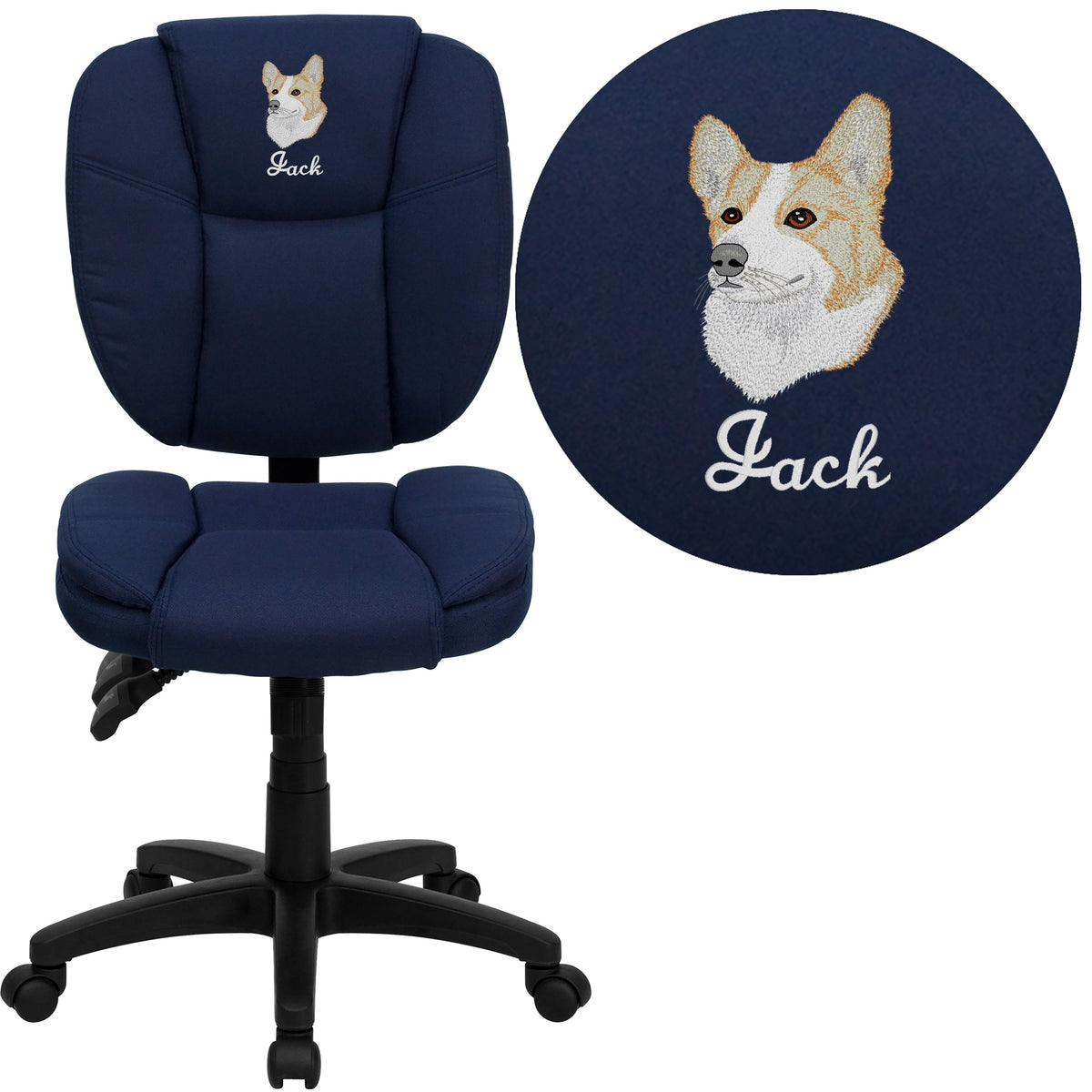 Navy Blue Fabric |#| EMB Mid-Back Navy Blue Fabric Multifunction Office Chair w/Pillow Top Cushioning