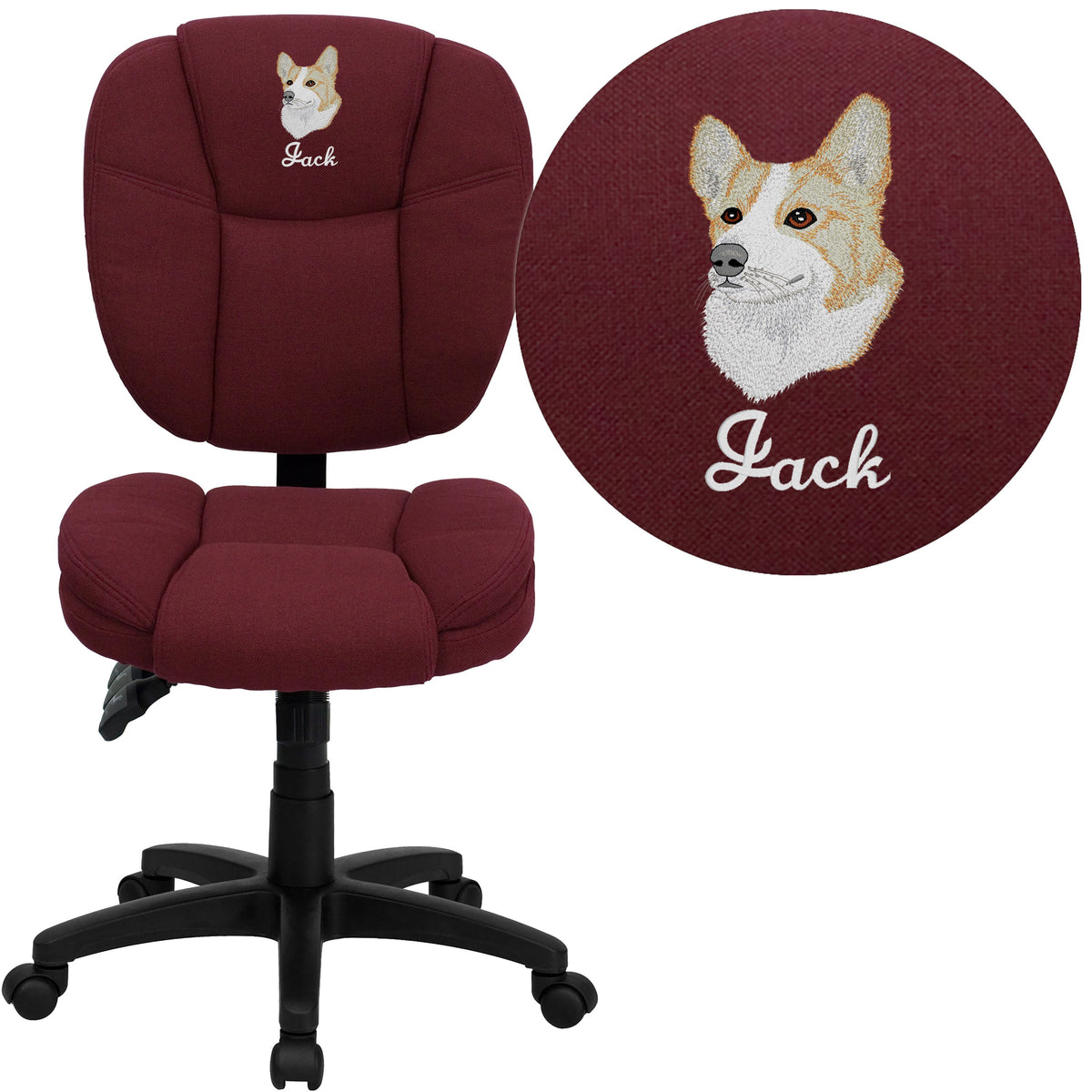 Burgundy Fabric |#| EMB Mid-Back Burg Fabric Multifunction Swivel Office Chair-Pillow Top Cushioning