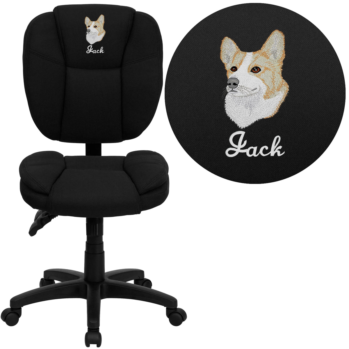 Black Fabric |#| EMB Mid-Back Black Fabric Multifunction Office Chair with Pillow Top Cushioning