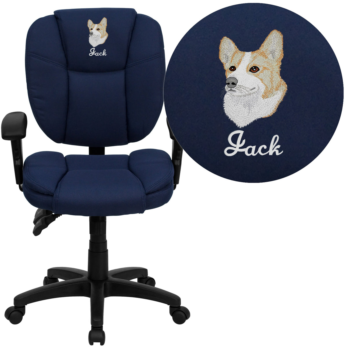 Navy Blue Fabric |#| EMB Mid-Back Navy Blue Fabric Multifunction Pillow Cushioned Task Office Chair