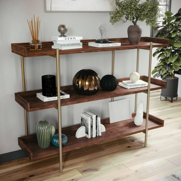 Walnut Wood Grain/Polished Brass Frame |#| Display Bookcase with Vertical Steel Posts - Walnut Wood Grain/Polished Brass