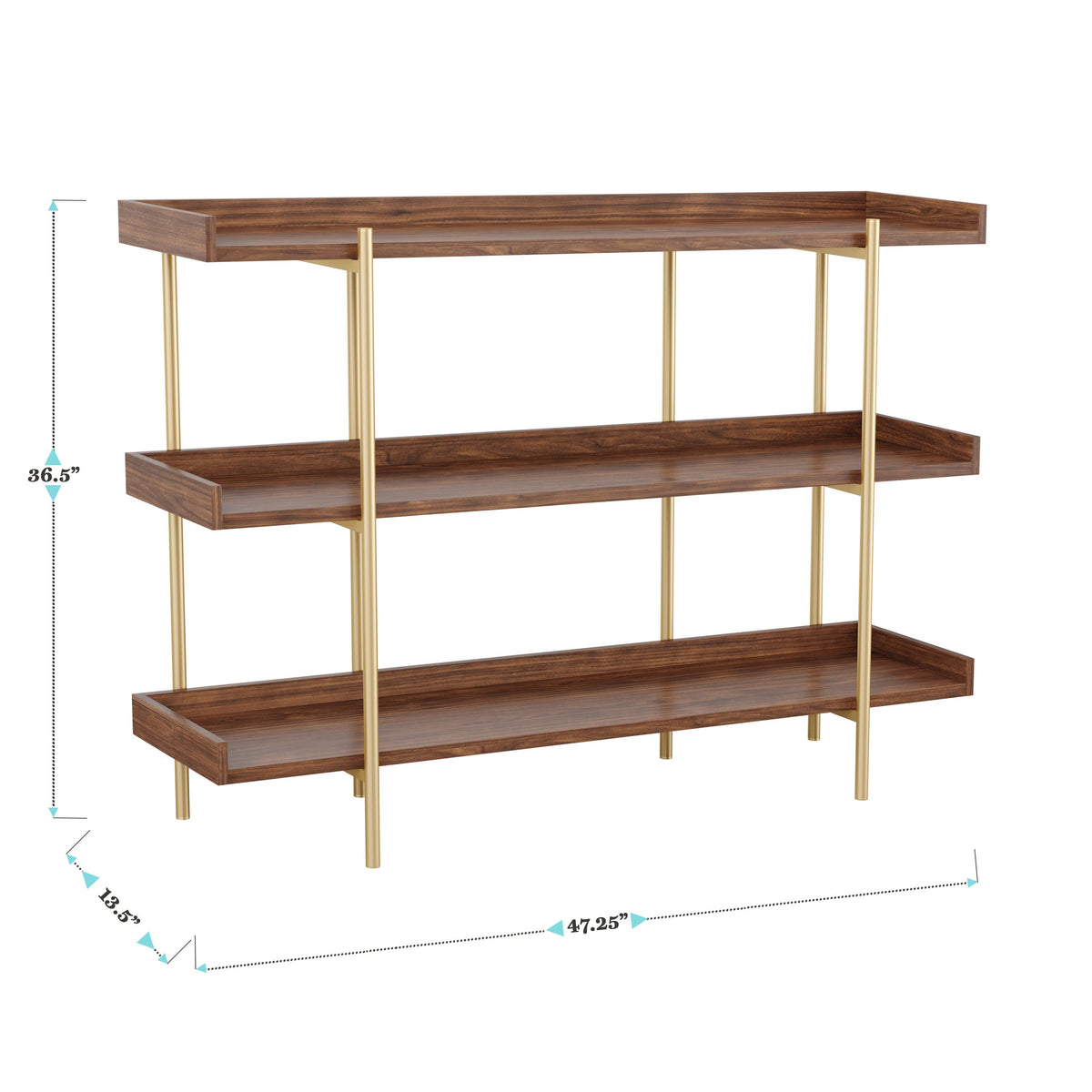 Walnut Wood Grain/Polished Brass Frame |#| Display Bookcase with Vertical Steel Posts - Walnut Wood Grain/Polished Brass