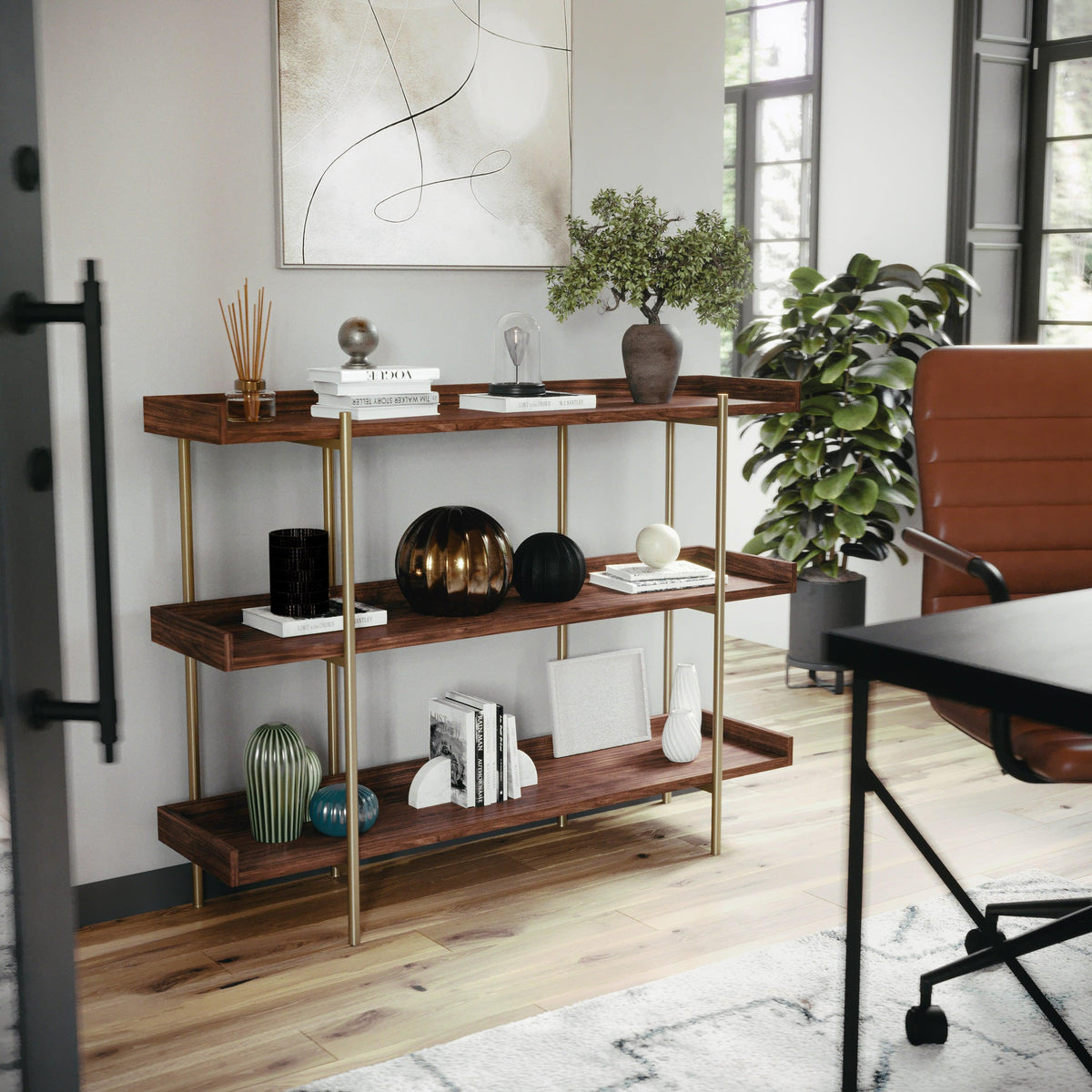 Walnut Wood Grain/Polished Brass Frame |#| Display Bookcase with Vertical Steel Posts - Walnut Wood Grain/Polished Brass