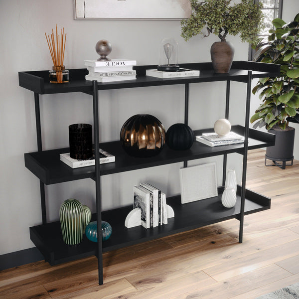 Black Wood Grain/Oil Rubbed Bronze Frame |#| Display Bookcase with Vertical Steel Posts - Black Wood Grain/Oil Rubbed Bronze