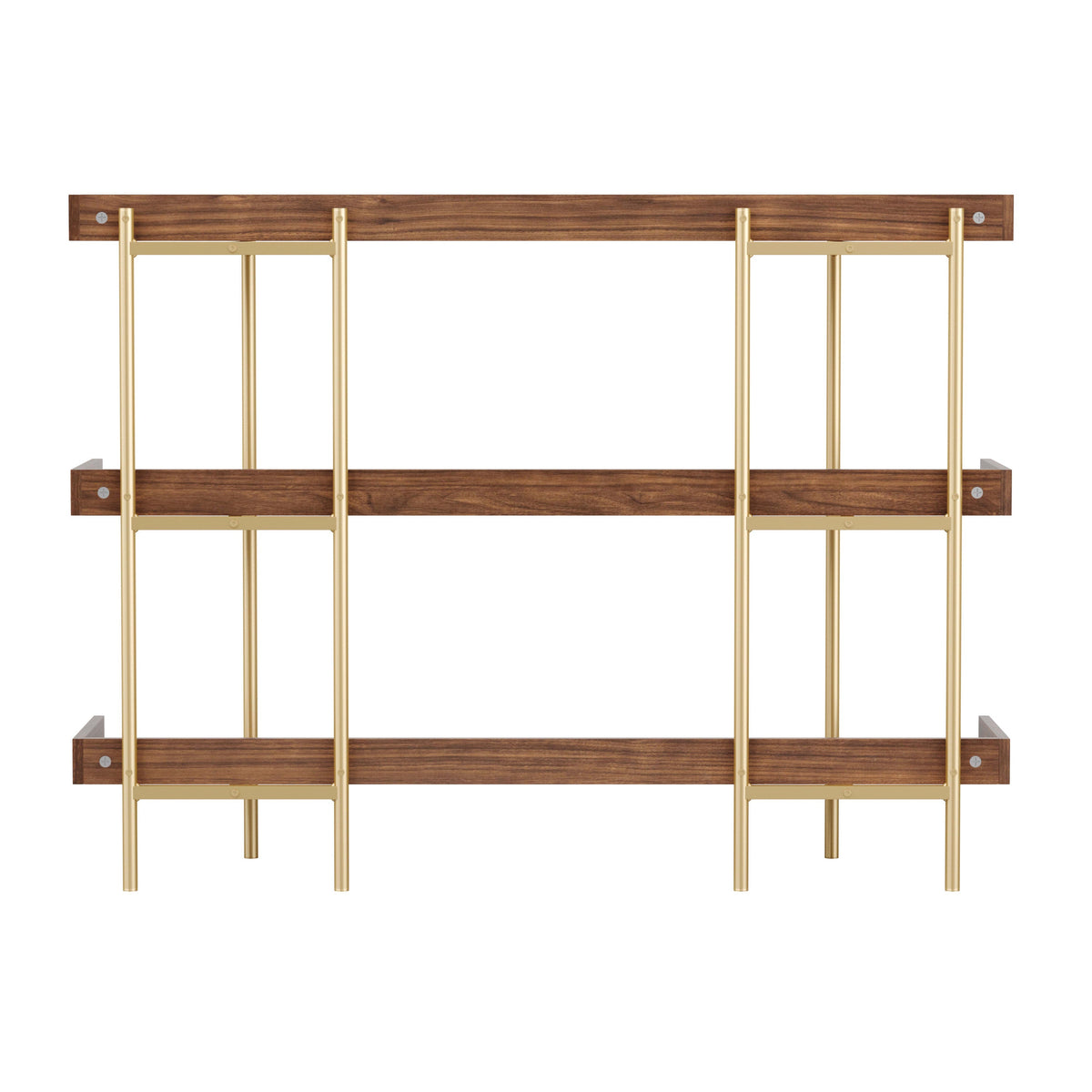 Walnut Wood Grain/Polished Brass Frame |#| Display Bookcase with Vertical Steel Posts - Walnut Wood Grain/Polished Brass