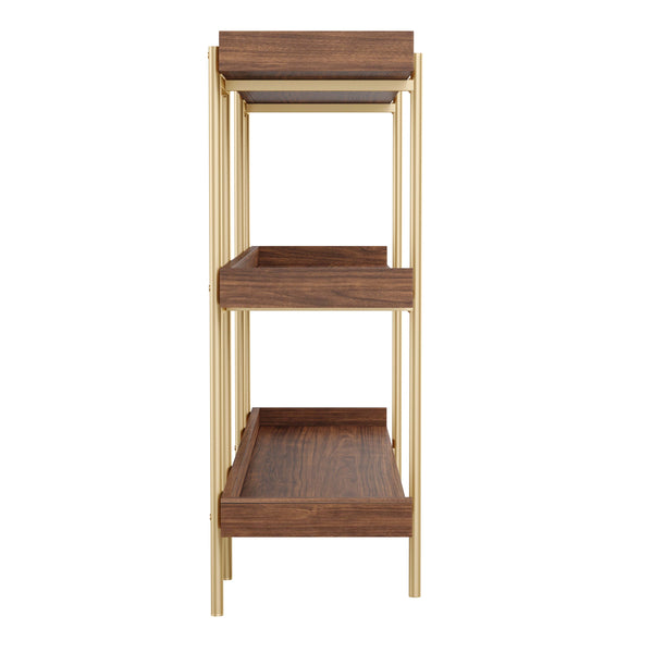 Walnut Wood Grain/Polished Brass Frame |#| Display Bookcase with Vertical Steel Posts - Walnut Wood Grain/Polished Brass