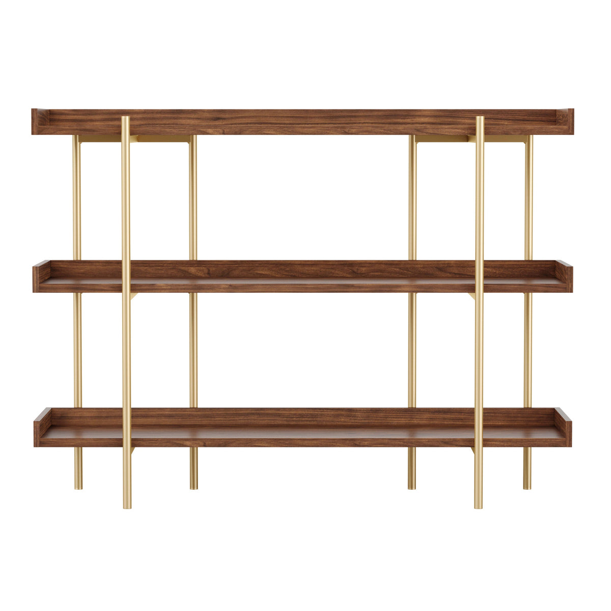 Walnut Wood Grain/Polished Brass Frame |#| Display Bookcase with Vertical Steel Posts - Walnut Wood Grain/Polished Brass