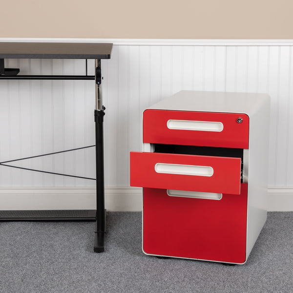 White and Red |#| Ergonomic 3-Drawer Mobile Locking Filing Cabinet-White with Red Faceplate