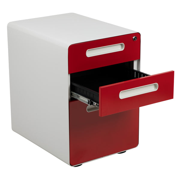 White and Red |#| Ergonomic 3-Drawer Mobile Locking Filing Cabinet-White with Red Faceplate