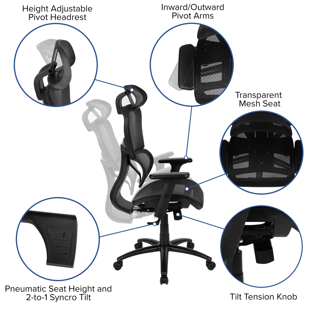 Black |#| Ergonomic Black Mesh Office Chair-Synchro-Tilt, Headrest, Adjustable Pivot Arms