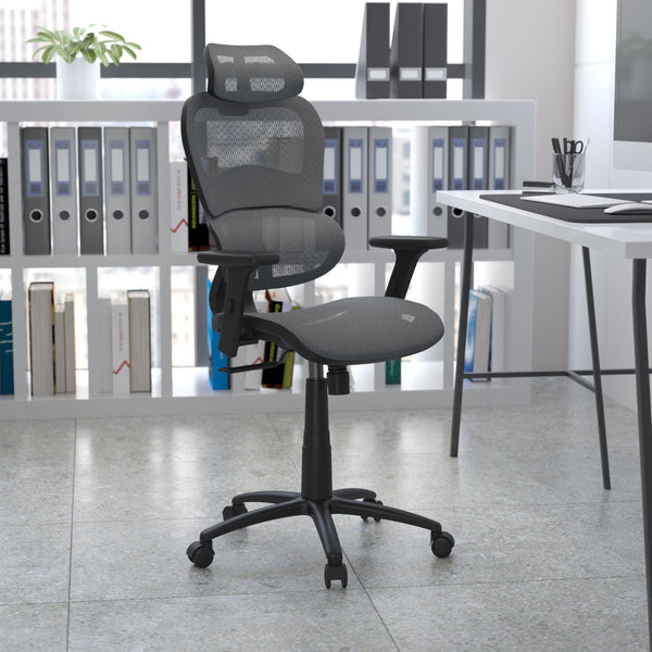 Gray |#| Ergonomic Gray Mesh Office Chair-Synchro-Tilt, Headrest, Adjustable Pivot Arms