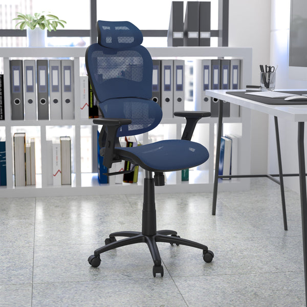 Blue |#| Ergonomic Blue Mesh Office Chair-Synchro-Tilt, Headrest, Adjustable Pivot Arms