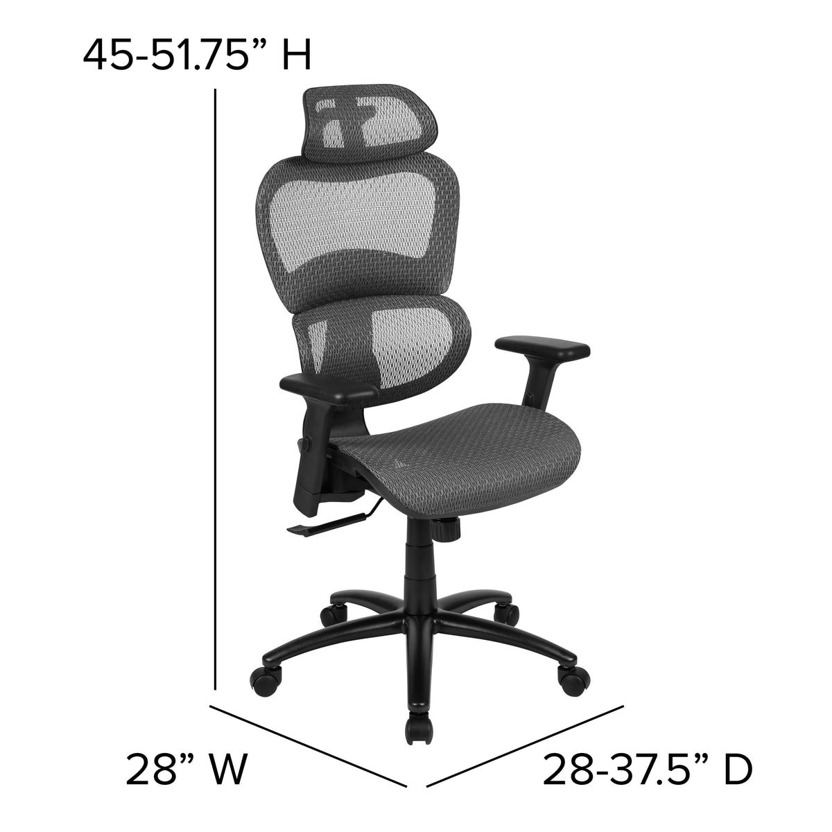 Gray |#| Ergonomic Gray Mesh Office Chair-Synchro-Tilt, Headrest, Adjustable Pivot Arms