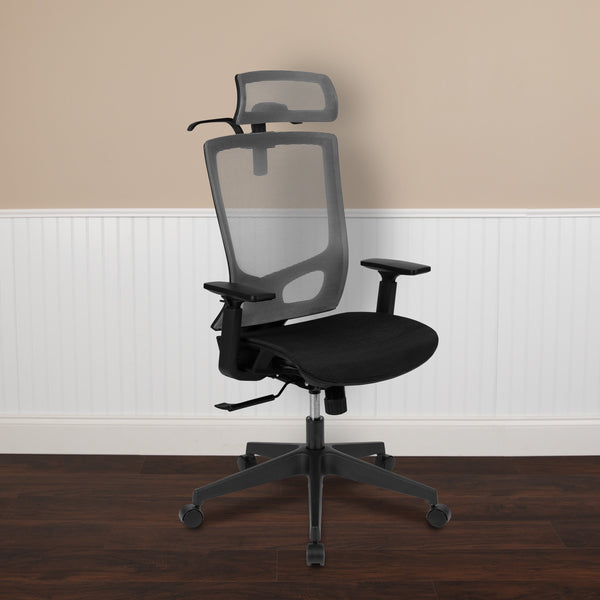 Gray |#| Ergonomic Gray/Black Mesh Office Chair-Synchro, Pivot Headrest, Adjustable Arms