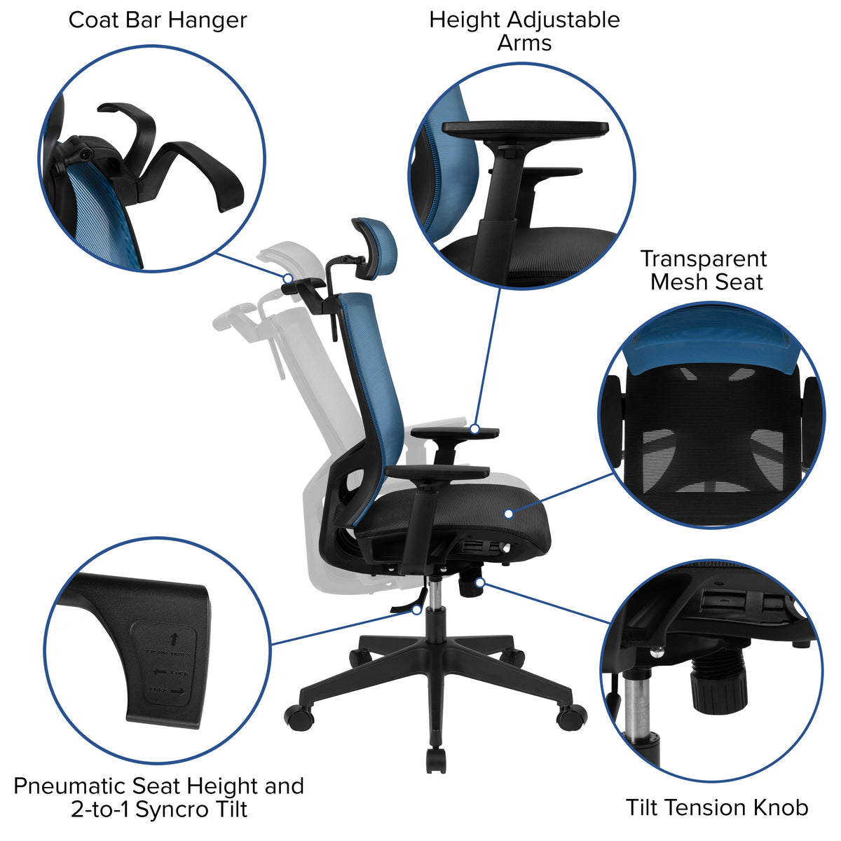 Blue |#| Ergonomic Blue/Black Mesh Office Chair-Synchro, Pivot Headrest, Adjustable Arms