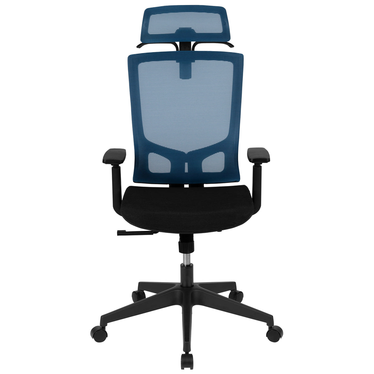 Blue |#| Ergonomic Blue/Black Mesh Office Chair-Synchro, Pivot Headrest, Adjustable Arms