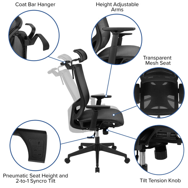 Black |#| Ergonomic Black Mesh Office Chair-Synchro-Tilt, Pivot Headrest, Adjustable Arms