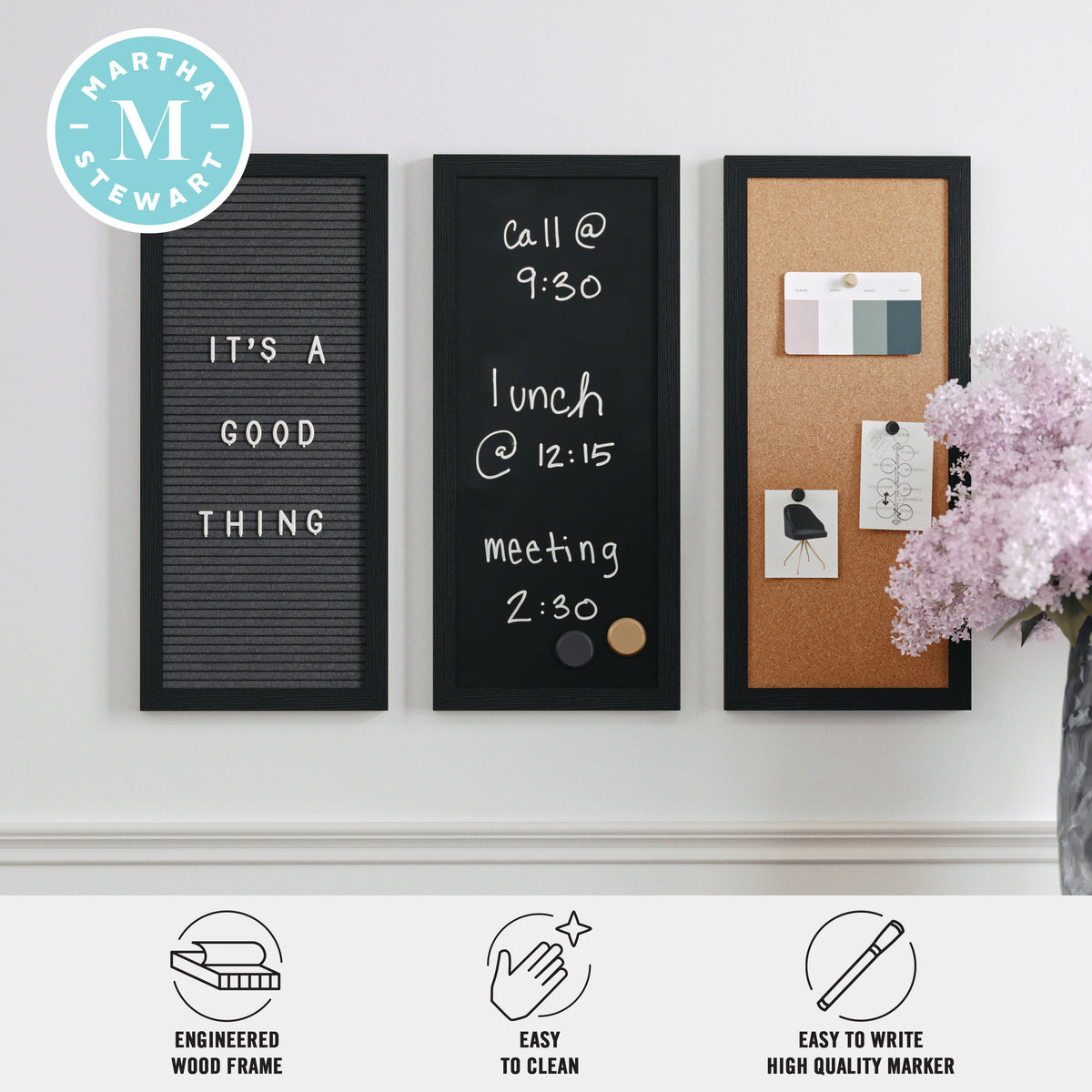 Black Woodgrain |#| Black Woodgrain Framed Cork/Chalk/Letter Board Set with Accessories - 24x18