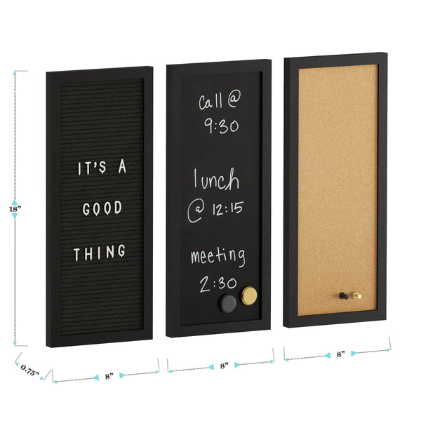 Black Woodgrain |#| Black Woodgrain Framed Cork/Chalk/Letter Board Set with Accessories - 24x18