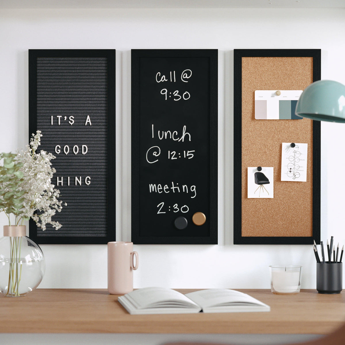 Black Woodgrain |#| Black Woodgrain Framed Cork/Chalk/Letter Board Set with Accessories - 24x18