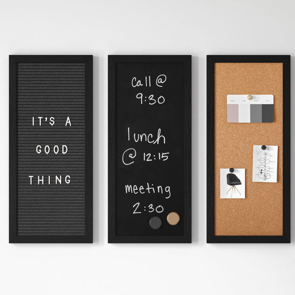 Black Woodgrain |#| Black Woodgrain Framed Cork/Chalk/Letter Board Set with Accessories - 24x18