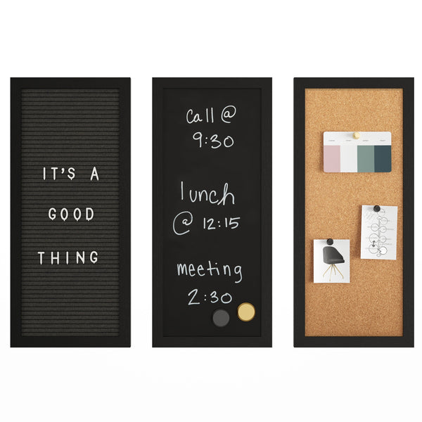 Black Woodgrain |#| Black Woodgrain Framed Cork/Chalk/Letter Board Set with Accessories - 24x18