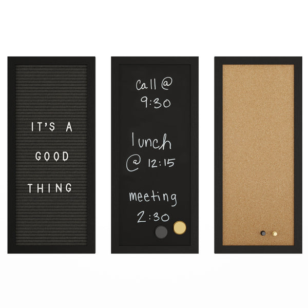 Black Woodgrain |#| Black Woodgrain Framed Cork/Chalk/Letter Board Set with Accessories - 24x18