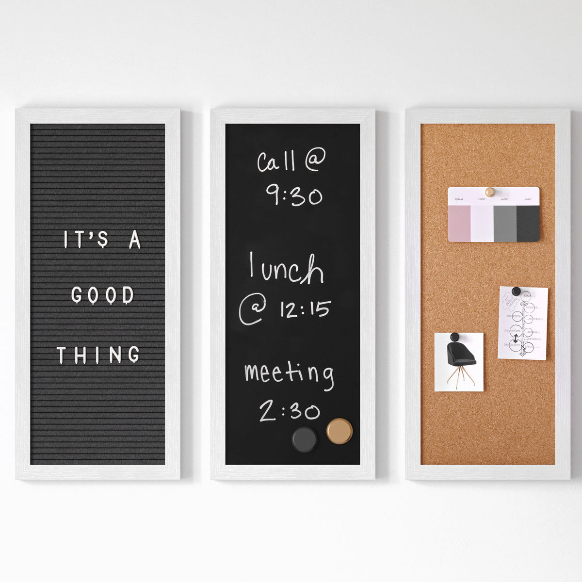 White Woodgrain |#| White Woodgrain Framed Cork/Chalk/Letter Board Set with Accessories - 24x18