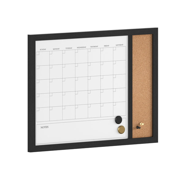 Black Woodgrain |#| Dry Erase Magnetic Monthly Calendar/Cork Board - Black Woodgrain Frame - 24x18