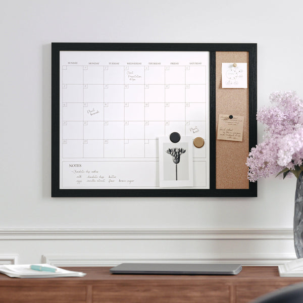 Black Woodgrain |#| Dry Erase Magnetic Monthly Calendar/Cork Board - Black Woodgrain Frame - 24x18