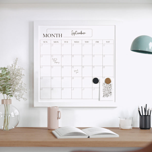 White Woodgrain |#| Dry Erase Magnetic Monthly Calendar and with White Woodgrain Frame - 18" x 18"