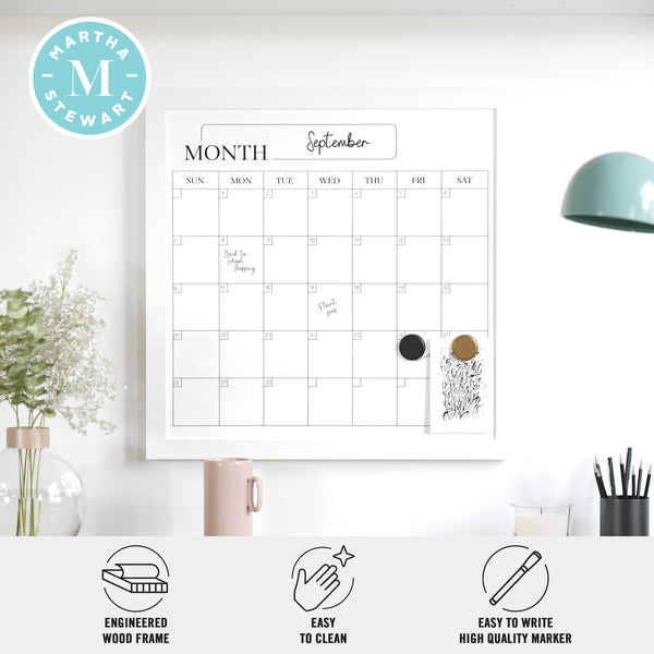 White Woodgrain |#| Dry Erase Magnetic Monthly Calendar and with White Woodgrain Frame - 18" x 18"