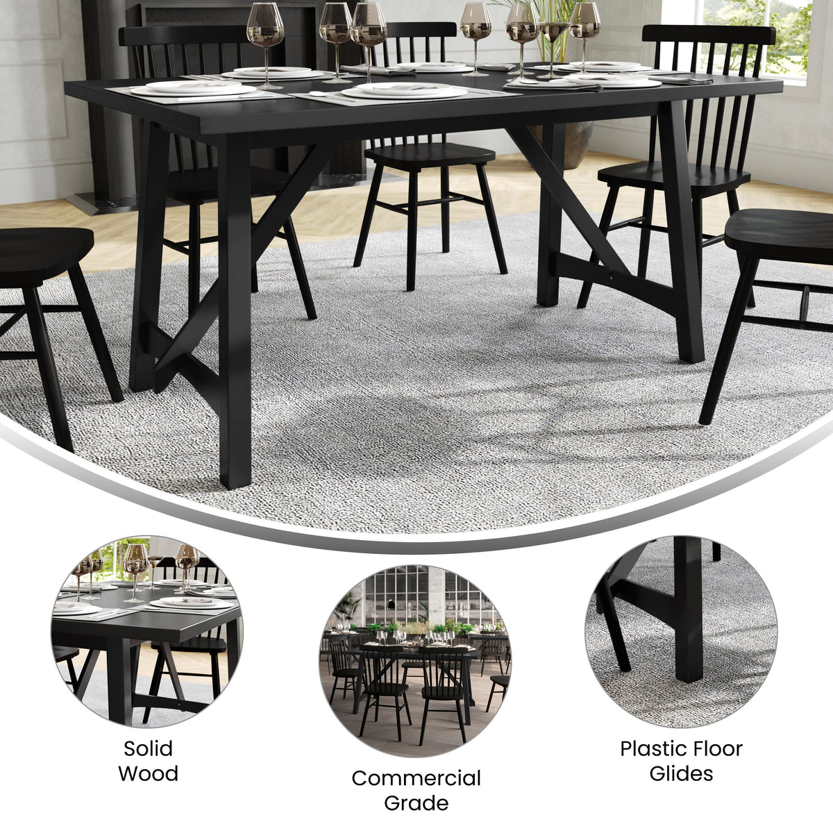 Black Matte |#| Solid Wood 60" Commercial Grade Trestle Base Dining Table in Antique Gray