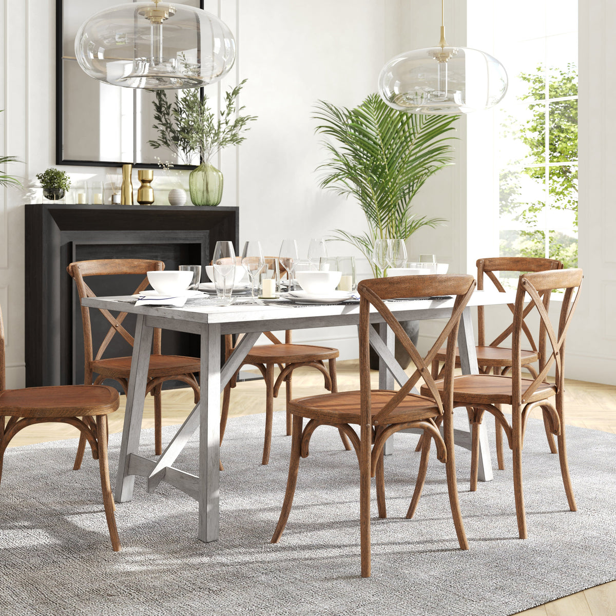 Antique White |#| Solid Wood 60" Commercial Grade Trestle Base Dining Table-Light Cappuccino