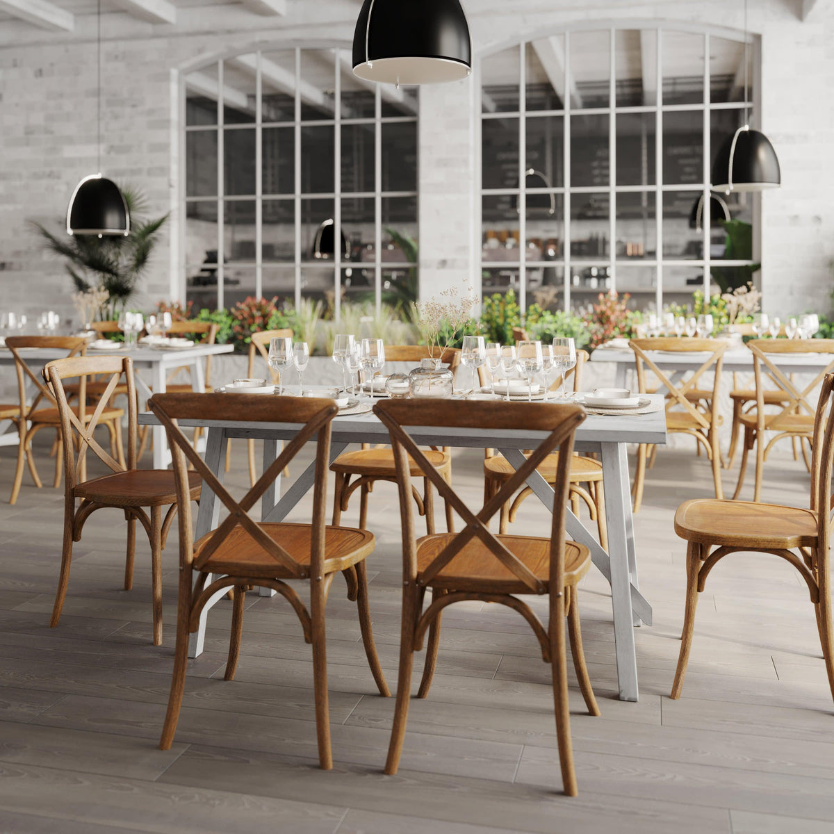 Antique White |#| Solid Wood 60" Commercial Grade Trestle Base Dining Table-Light Cappuccino