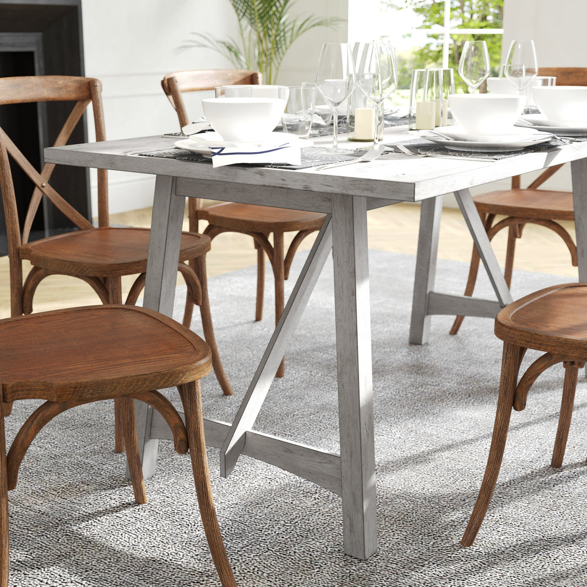 Antique White |#| Solid Wood 60" Commercial Grade Trestle Base Dining Table-Light Cappuccino