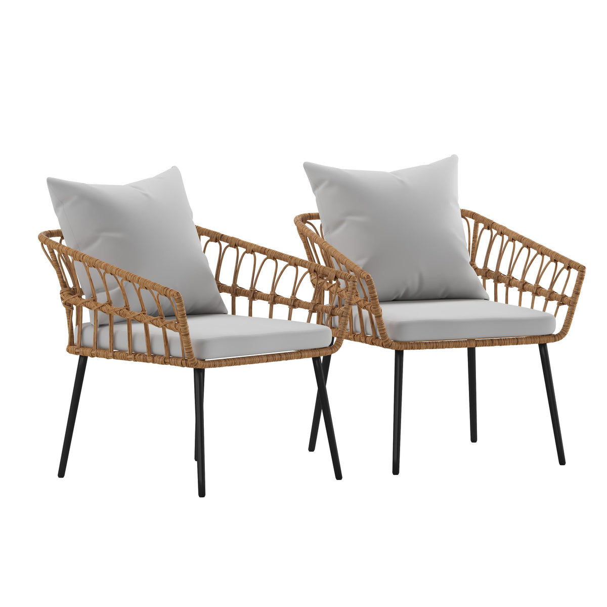 Gray Cushions/Natural Frame |#| All-Weather Natural PE Rattan Wicker Patio Chairs with Gray Cushions - 2 Pack