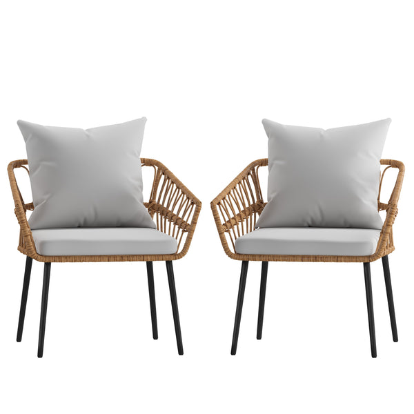 Gray Cushions/Natural Frame |#| All-Weather Natural PE Rattan Wicker Patio Chairs with Gray Cushions - 2 Pack