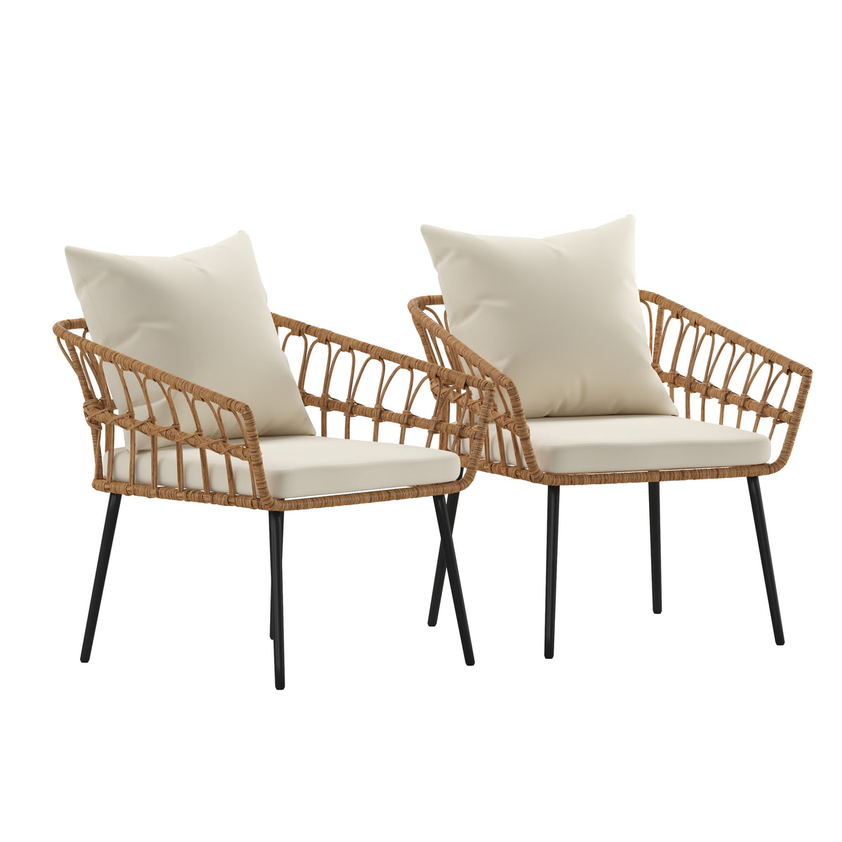 Cream Cushions/Natural Frame |#| All-Weather Natural PE Rattan Wicker Patio Chairs with Cream Cushions - 2 Pack