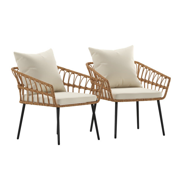 Cream Cushions/Natural Frame |#| All-Weather Natural PE Rattan Wicker Patio Chairs with Cream Cushions - 2 Pack