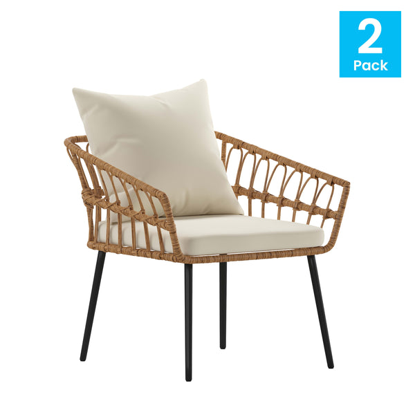 Cream Cushions/Natural Frame |#| All-Weather Natural PE Rattan Wicker Patio Chairs with Cream Cushions - 2 Pack