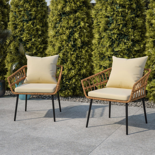 Cream Cushions/Natural Frame |#| All-Weather Natural PE Rattan Wicker Patio Chairs with Cream Cushions - 2 Pack