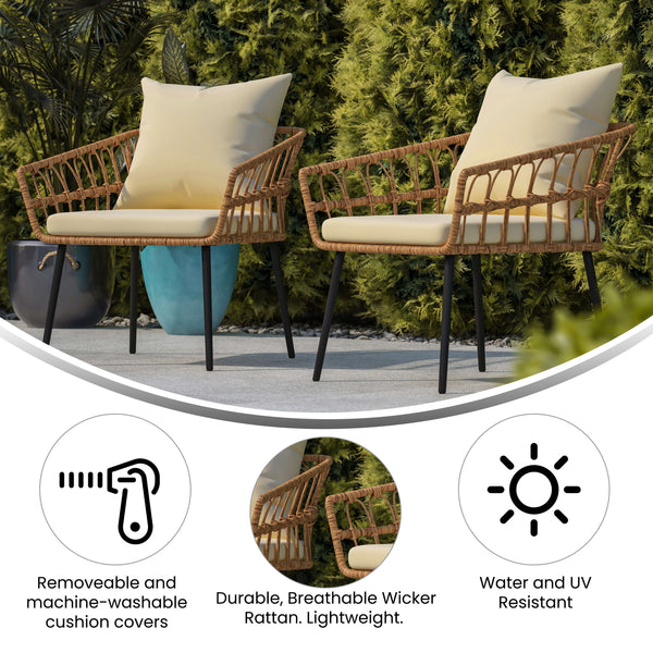 Cream Cushions/Natural Frame |#| All-Weather Natural PE Rattan Wicker Patio Chairs with Cream Cushions - 2 Pack