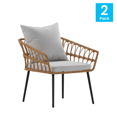 Evin Set of 2 Boho Indoor/Outdoor Rope Rattan Wicker Patio Chairs with All-Weather Cushions