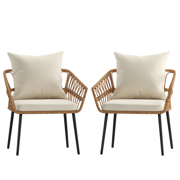 Cream Cushions/Natural Frame |#| All-Weather Natural PE Rattan Wicker Patio Chairs with Cream Cushions - 2 Pack