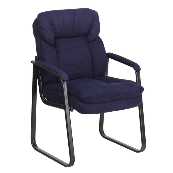 Navy Microfiber |#| Navy Microfiber Executive Side Reception Chair with Lumbar Support and Sled Base