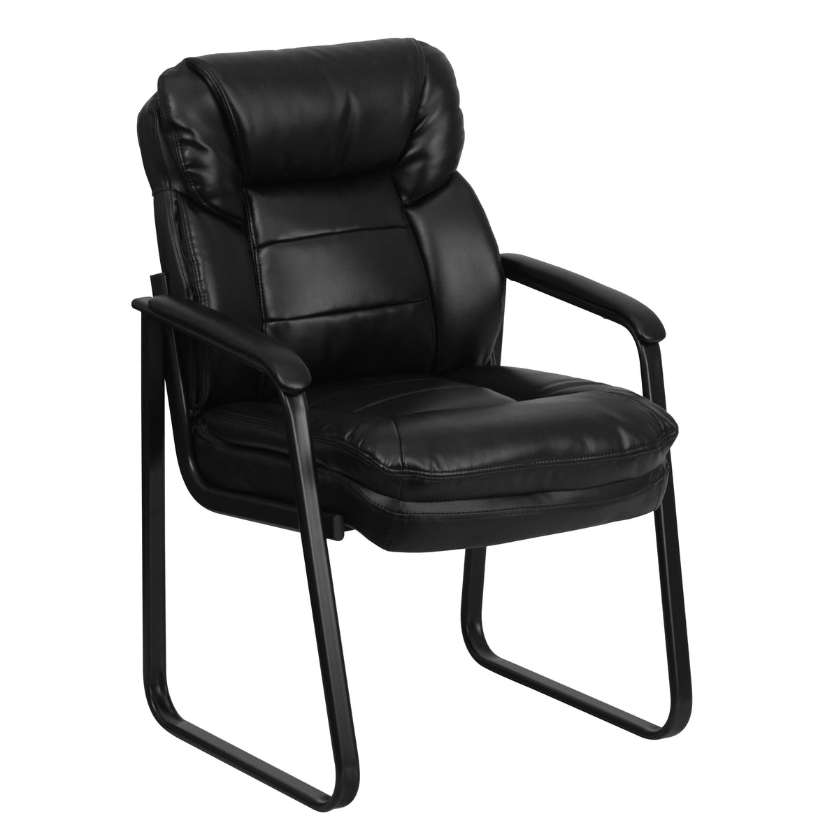 Black LeatherSoft |#| Black LeatherSoft Executive Side Reception Chair w/Lumbar Support &Sled Base