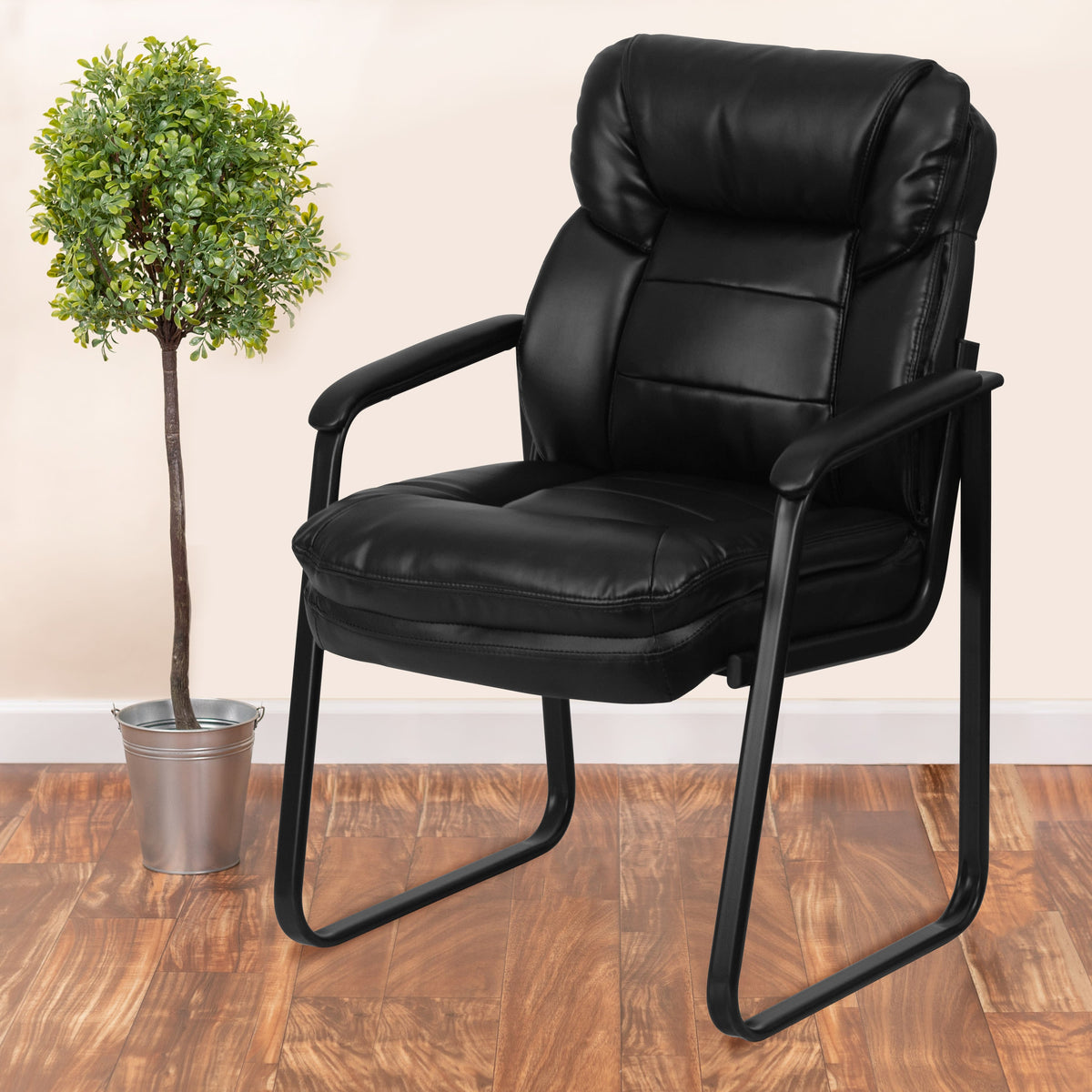 Black LeatherSoft |#| Black LeatherSoft Executive Side Reception Chair w/Lumbar Support &Sled Base