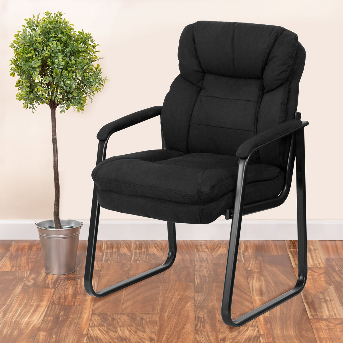 Black Microfiber |#| Black Microfiber Executive Side Reception Chair with Lumbar Support & Sled Base