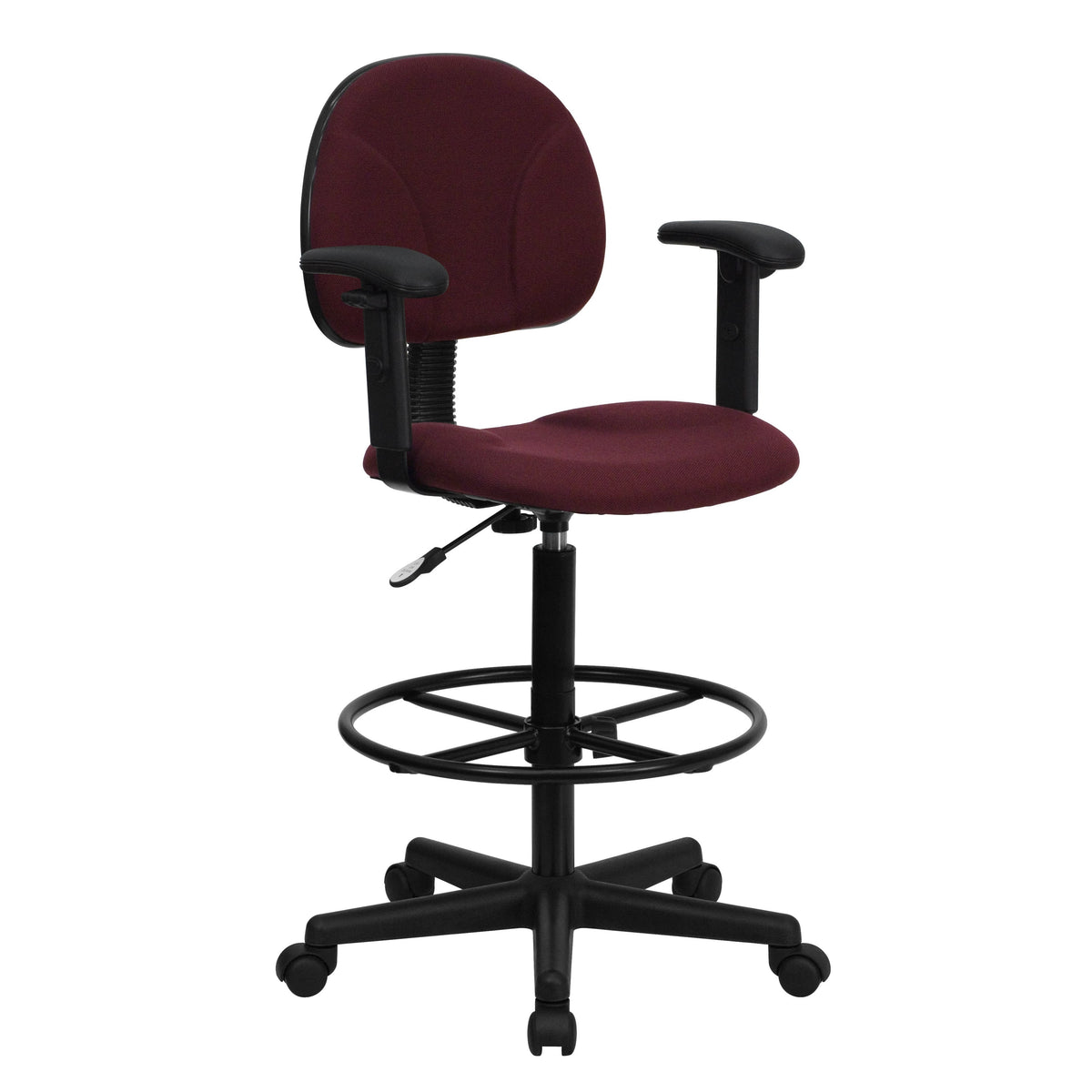 Burgundy |#| Burgundy Fabric Swivel Drafting Chair with Adjustable Height and Arms
